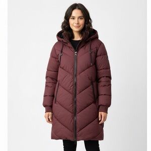 Sebby Junior 3/4 Women Burgundy Puffer Winter Jacket,Size M,with Faux Fur Lining
